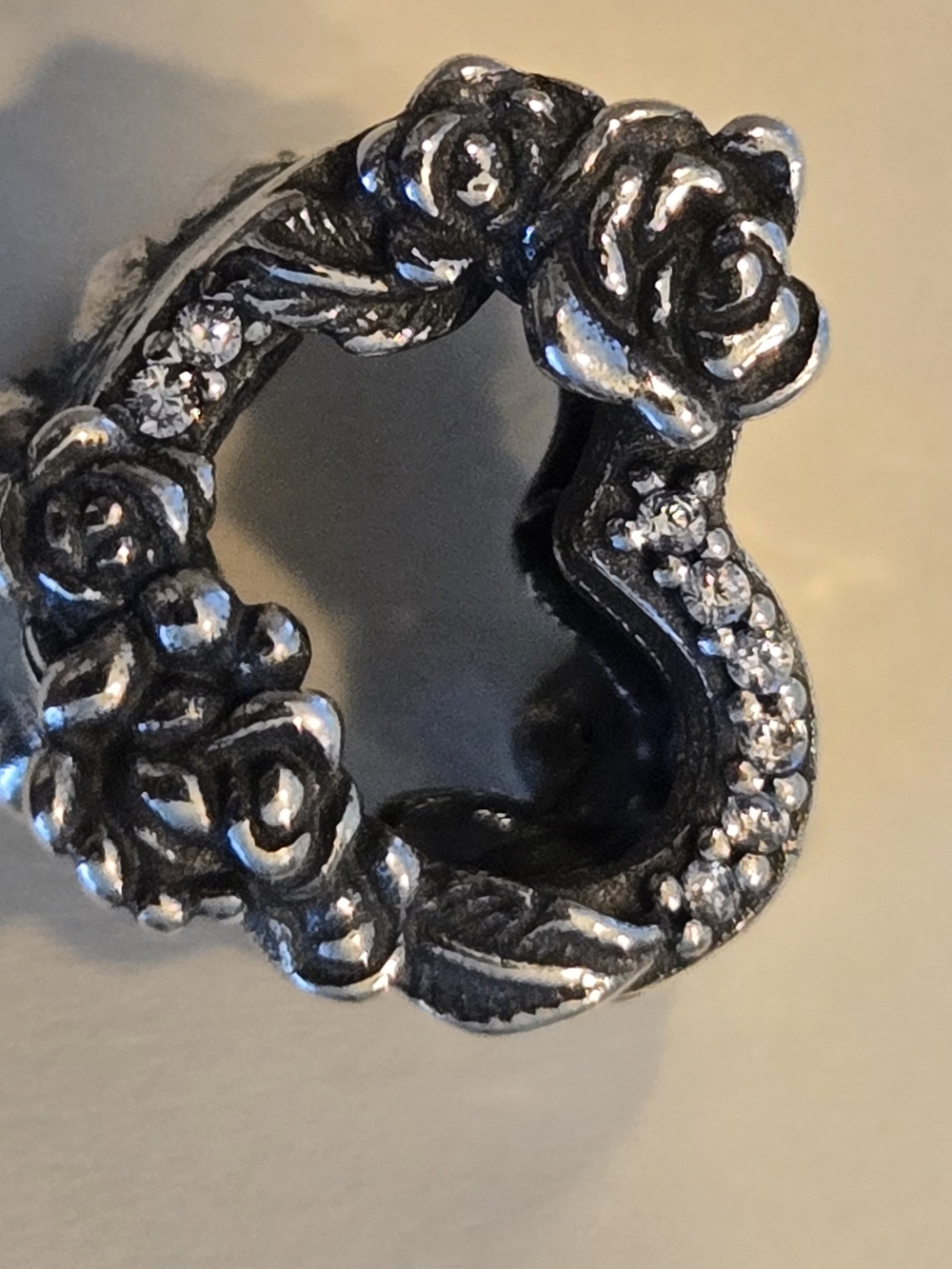 Floral Rose Heart Charm with Clear Crystals